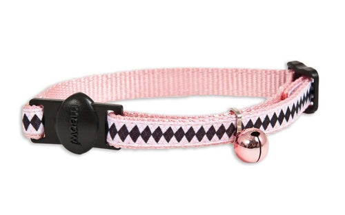Petmate Ribbon Overlay Adjustable Breakaway Cat Collar Posh Argyle Black, Pink, White 3/8 In X 8-12 in